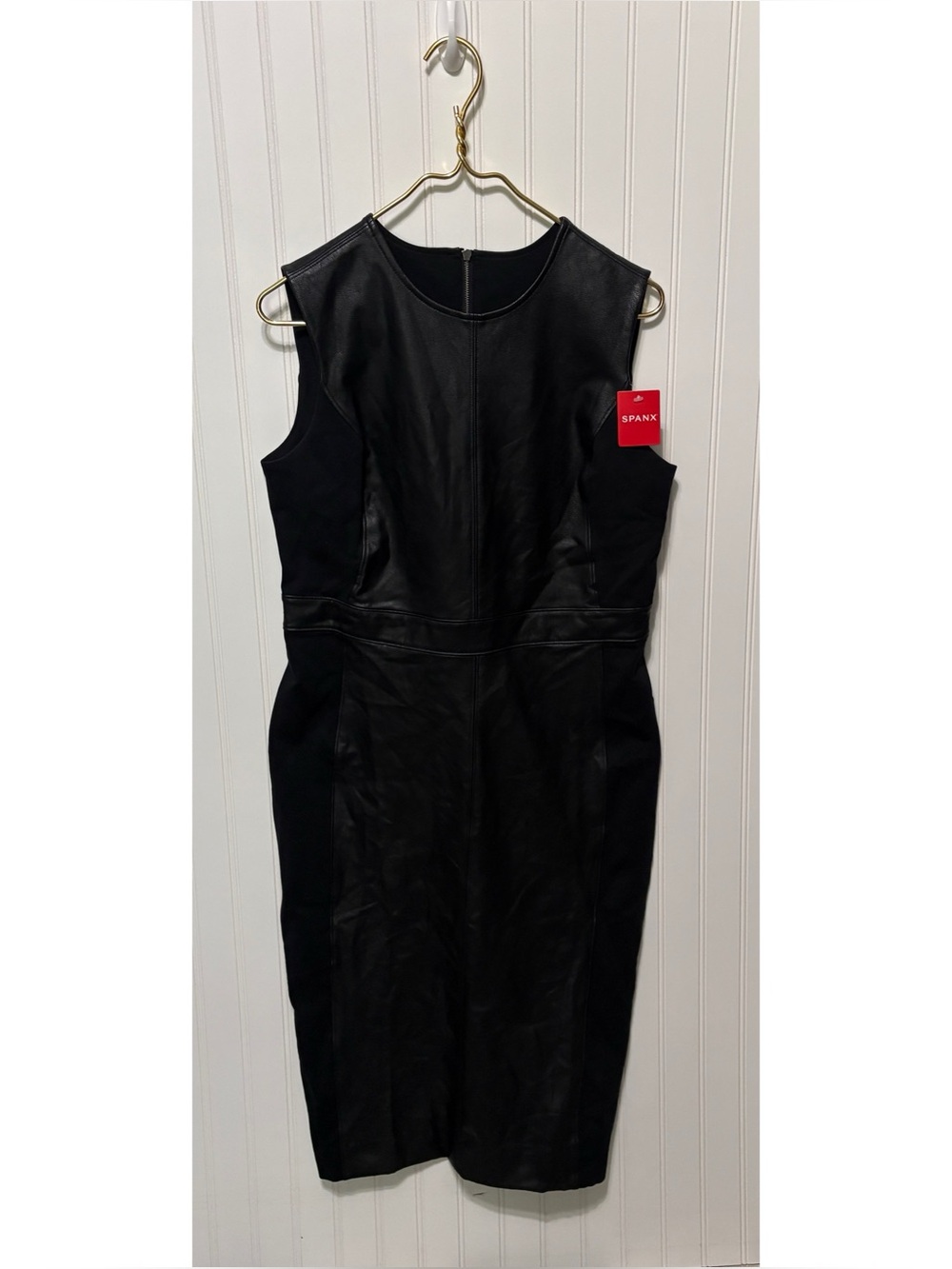 SPANX Luxe Black Faux Leather Like Combo Fit Sheath Dress Womens Size Large NEW